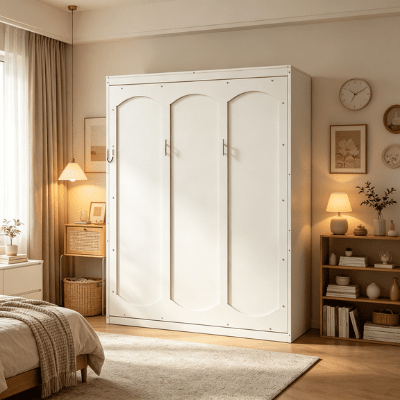JERFIT White Queen Murphy Bed with Bookshelves, Space Saving Wall Bed Cabinet for Guest Room & Home Office