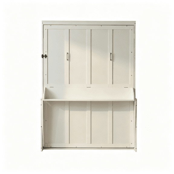 JERFIT White Queen Murphy Bed with Desk, Space Saving Wall Bed Cabinet, Vertical Wood Fold Down Bed for Guest Room