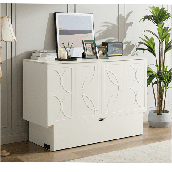 JERFIT White Queen Murphy Cabinet Bed with Storage, USB Charging, and Foldable Mattress, Space-Saving Modern Wall Bed for Living Room