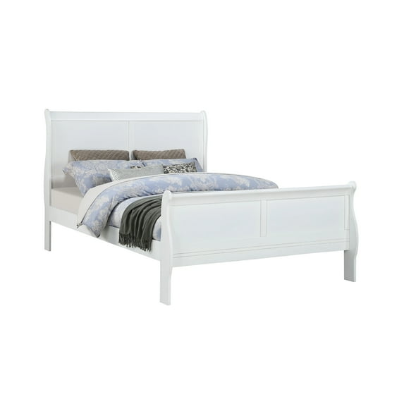 JERFIT White Queen Sleigh Bed Frame, Solid Wood Modern Farmhouse Bedroom Furniture with Bracket Feet, No Box Spring Needed