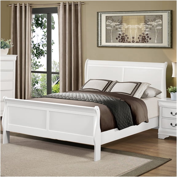 JERFIT White Queen Sleigh Bed Frame, Traditional Louis Philippe Style Wood Bedroom Furniture with Headboard and Footboard