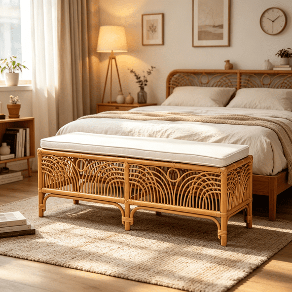 JERFIT White Rattan Bench with Cushion, Bohemian Style Indoor Outdoor Bench, Woven Patio Bench with Geometric Design, Entryway Bench, Accent Bench for Living Room Bedroom