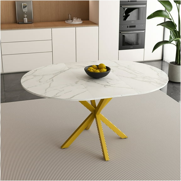 JERFIT White Round Extendable Dining Table with X-Base for Kitchen, Small Space, Marble Look MDF Top, Sturdy Iron Frame, Easy Assembly for 4-6 Person