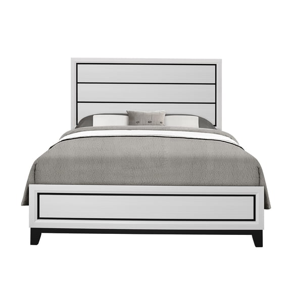 JERFIT White Rubberwood Queen Size Bed Frame with Headboard, Traditional Panel Design, Requires Box Spring