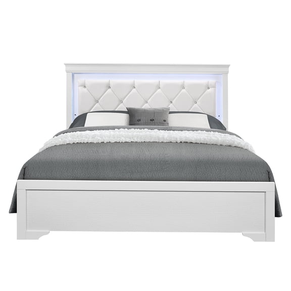 JERFIT White Shaker Queen Bed Frame with LED Headboard, Modern Panel Platform Bed with Upholstered Padded Headboard, No Box Spring Needed