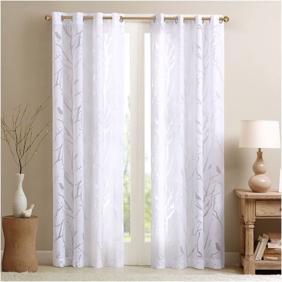 JERFIT White Sheer Burnout Bird Curtain Panel with Grommet Top for Window, Lightweight & See-Through, 50x95 Inches, 1 Panel