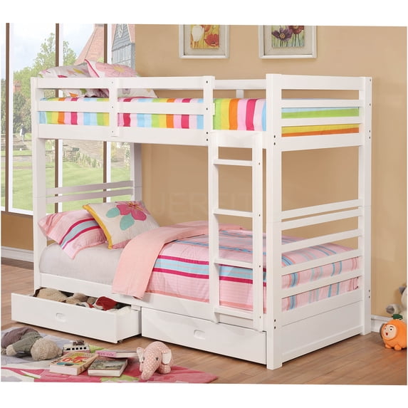 JERFIT White Solid Wood Twin Bunk Bed with 2 Storage Drawers Built-in ...