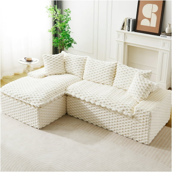 JERFIT White Turtle Velvet Convertible Sofa with Chaise Lounge, Modular L-Shape Reclining Sectional Couch for Small Space, Living Room