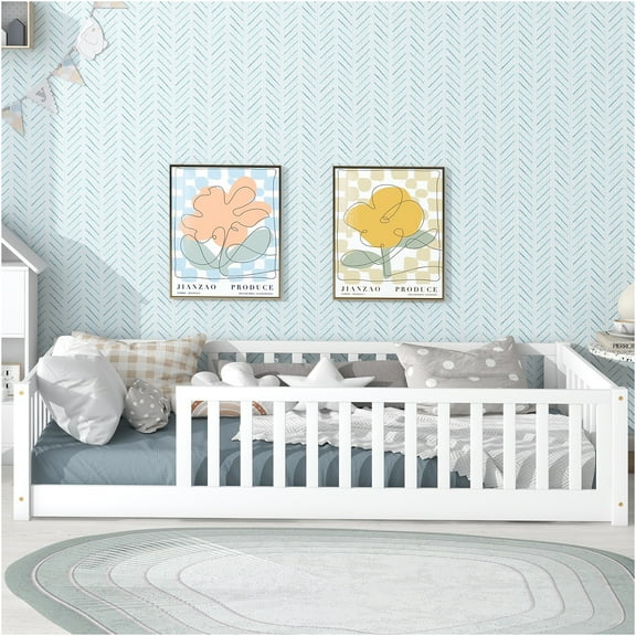 JERFIT White Twin Floor Bed with Safety Rails, Low Profile Platform Bed Frame with Guardrail Fence, Solid Rubber Wood Construction, No Box Spring Needed