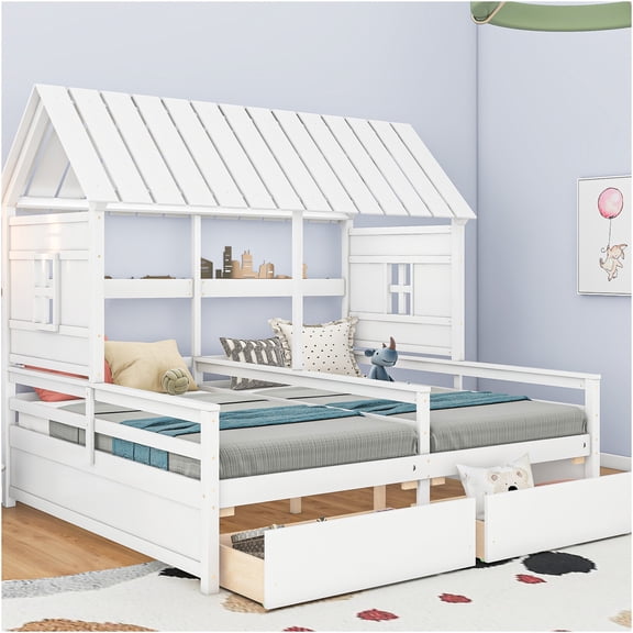 JERFIT White Twin House Platform Beds with Storage Drawers, Side by Side Bed Frame with House Design for Shared Rooms, Solid Wood MDF Construction