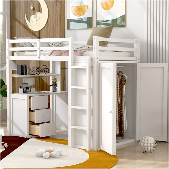 JERFIT White Twin Loft Bed with Built-In Desk, Wardrobe Storage Drawers, Space-Saving Solid Wood Study Bed