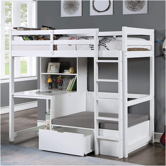 JERFIT White Twin Loft Bed with Built-in Desk, Bookcase Storage | Study Workstation Flip-Top Bench
