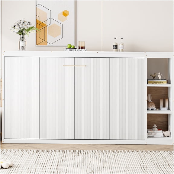JERFIT White Twin Murphy Bed with Bookshelf Storage, Space Saving Wall Bed Cabinet, No Box Spring Needed
