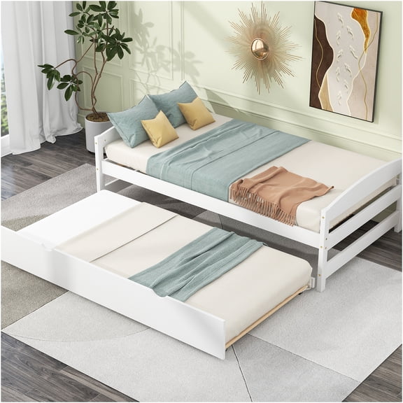 JERFIT White Twin Size Low Profile Platform Bed Frame with Pull-Out Trundle, Pine Wood MDF Construction, No Box Spring Needed