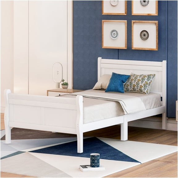 JERFIT White Twin Size Solid Wood Platform Bed Frame with Sleigh Headboard Footboard, No Box Spring Needed, 200lbs Weight Capacity