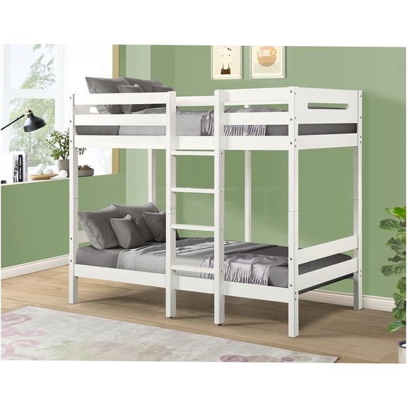 JERFIT White Twin over Twin Bunk Bed with Wood Slats, No Box Spring Needed, Space-Saving KD Design