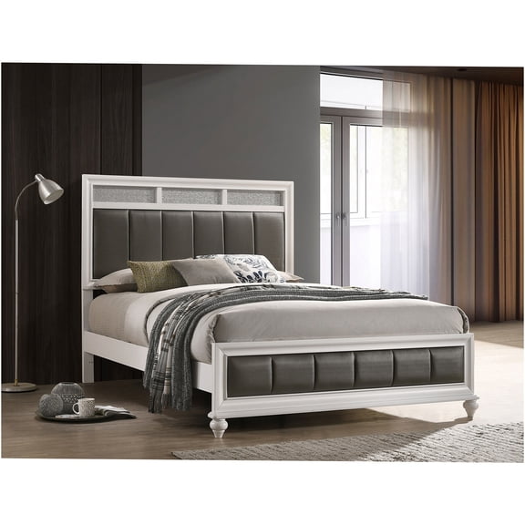JERFIT White Upholstered Queen Size Bed with Metallic Leatherette Panels, Wood Frame Platform Bed for Modern Master Bedroom