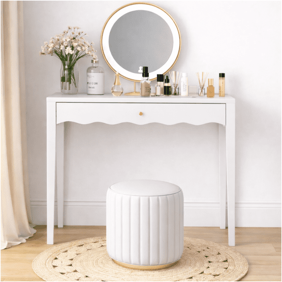 JERFIT White Vanity Desk with Drawer, Modern Scalloped Front Makeup Table with Gold Knob, Compact Writing Desk for Bedroom, Home Office, Apartment