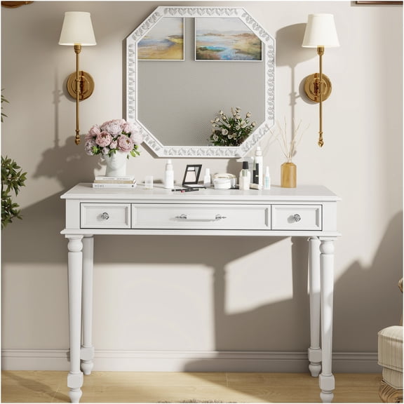 JERFIT White Vanity Desk with Mirror, 3-Drawer Dressing Table with Jewelry Organizer, Elegant Makeup Console for Bedroom, Bathroom, Hallway & Foyer