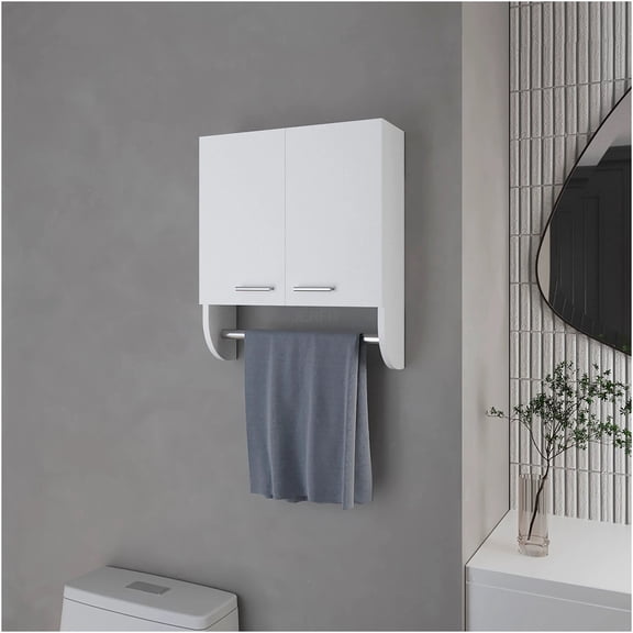 JERFIT White Wall Mount Medicine Cabinet with Towel Holder, Space-Saving Bathroom Storage Organizer Mirror Cabinet, Particle Board Built-in Shelf for Bathroom, Vanity