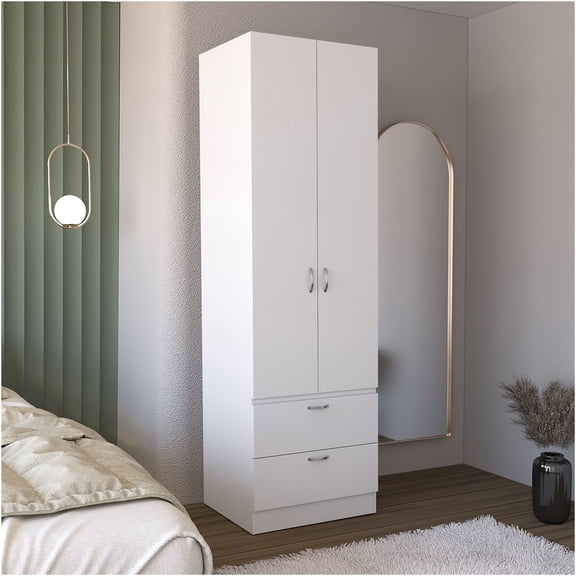 JERFIT White Wardrobe Closet with Hanging Rod, 2 Drawers & Shelf, Freestanding Storage Cabinet Organizer for Bedroom