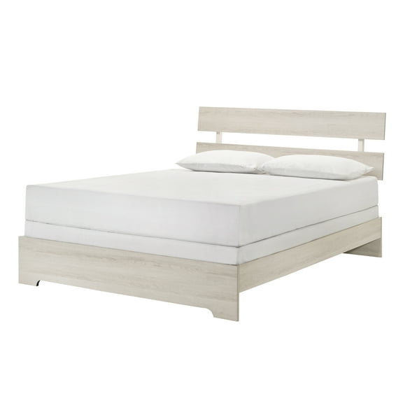 JERFIT White Washed Queen Platform Bed Frame with Slat Headboard, Low Profile Wood Bedroom Furniture, No Box Spring Needed
