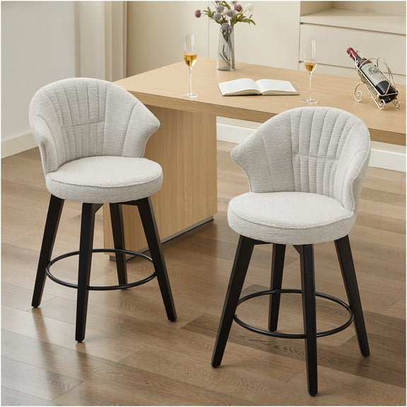 JERFIT White Wingback Swivel Bar Stools Set of 2, Counter Height Adjustable Stools with Chenille Upholstery & Solid Wood Legs for Kitchen Island, Dining Room or Home Pub