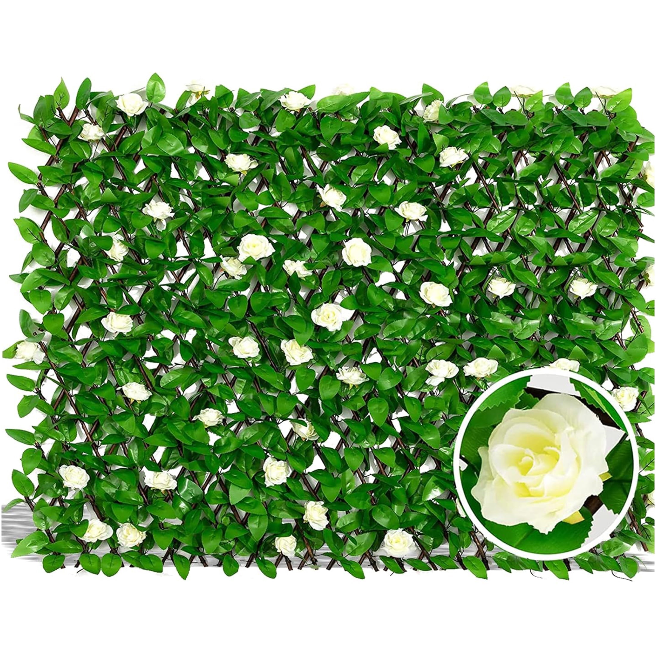 JERFIT White and Green Expandable Wood Privacy Screen 48x18 Inch Faux ...