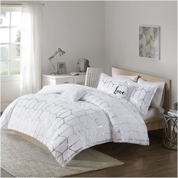 JERFIT White and Silver Metallic Geometric Full Queen Comforter Bedding Set