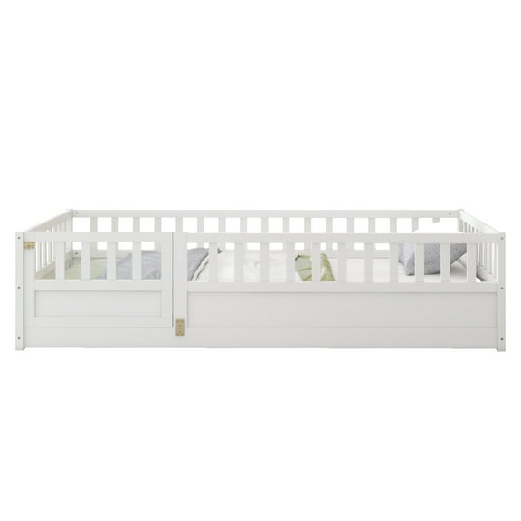 JERFIT White double bed, ultra-high safety barrier, floor bed frame with door