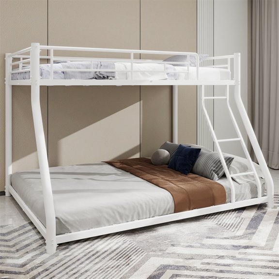 JERFIT White metal double bed, movable staircase, 12-inch storage under the bed, no spring box required