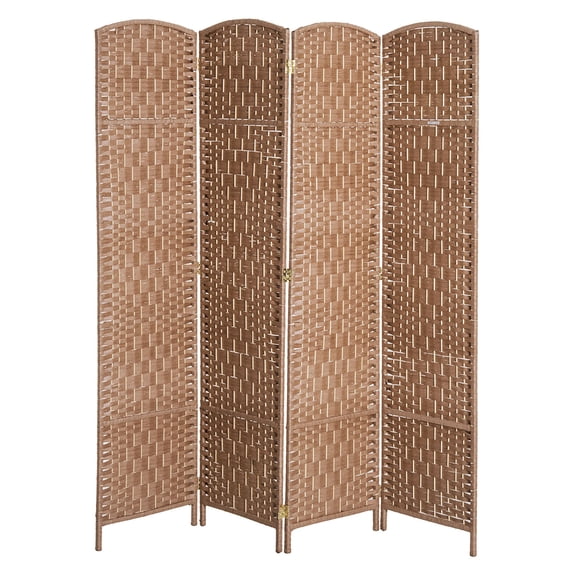 JERFIT Wicker Room Divider Screen, 4-Folding Panel Wood Partition with Arched Top for Home Privacy, Natural