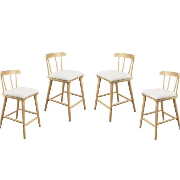 JERFIT Windsor Style Counter Stools Set of 4, Rubberwood Bar Stools with Beige Fabric Cushions for Kitchen Island, Dining Room, Open Back Natural Finish