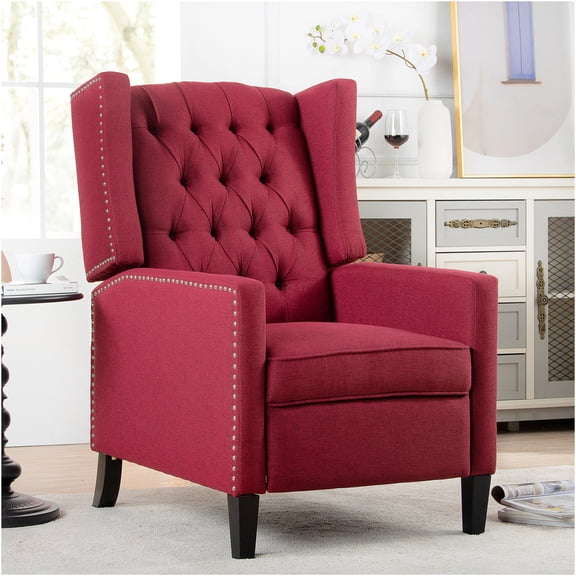 JERFIT Wingback Recliner Chair, Manual High Back Reclining Lounge Chair with Padded Arms, 3-Position Adjustable, Wine Red Fabric, for Living Room, Bedroom