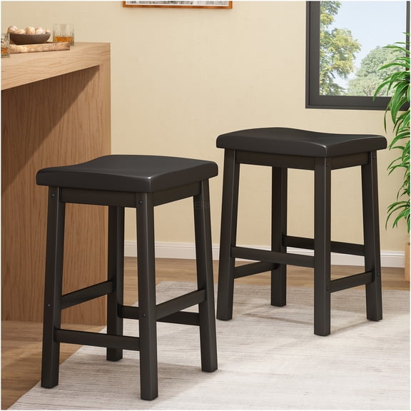 JERFIT Wood Saddle Bar Stool, 24 Inch Counter Height Swivel Stool with Backrest and Footrest, Black
