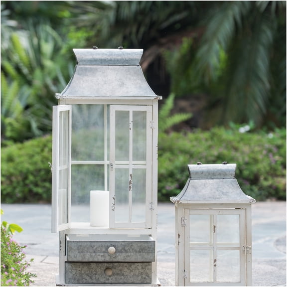 JERFIT Wooden Candle Lantern Set with Drawers, Ivory Glass Hurricane Holder for Indoor Outdoor, Wedding Garden Home Decor