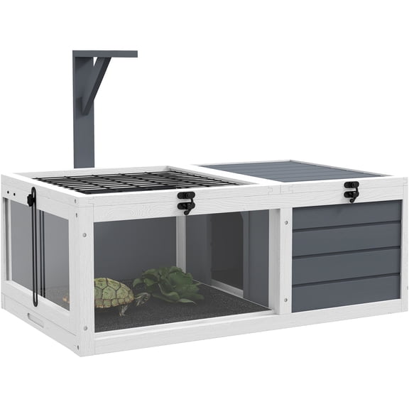 JERFIT Wooden Tortoise Enclosure Indoor Outdoor Habitat with Lamp Holder, Waterproof Tray, Openable Lid, 2-Room Design for Reptile Basking & Hideout, Gray