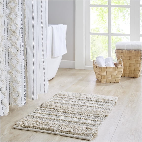 JERFIT Woven Bath Rug 20x32 Inch Non-Slip Boho Bathroom Mat, Soft Shaggy Texture Stripe Floor Mat, Natural Color