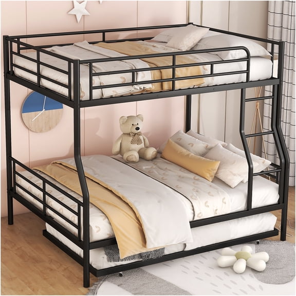 JERFIT Full XL over Queen Metal Bunk Bed with Trundle, Space Saving Triple Sleeper, Sturdy Iron Frame, Black