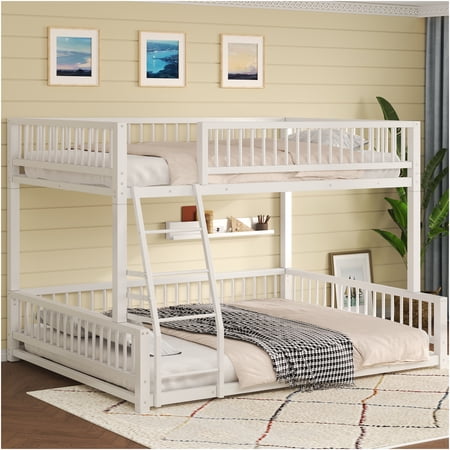 JERFIT XL over Queen Floor Bunk Bed Frame with Ladder and Safety Guardrails Easy Assemble White