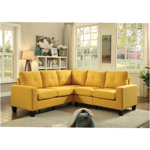 JERFIT Yellow Fabric Sectional Sofa Couch, 4-Seat Apartment Size Modern L-Shaped Couch with Foam Cushions and Pocketed Coil Springs for Small Space Living Room, Dorm, RV