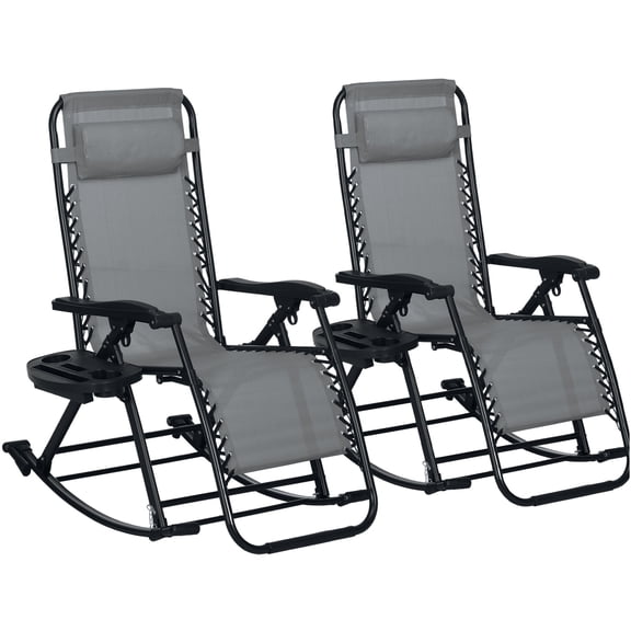 JERFIT Zero Gravity Rocking Chair, Foldable Recliner Lounge Chair with Pillow, Cup & Phone Holder, Steel Frame Patio Rocker for Outdoor, Gray