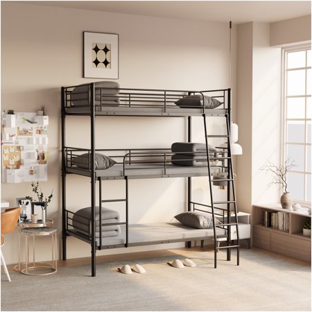 JERFIT Heavy Duty Triple Bunk Bed, Twin Size 3 Tier Metal Bunk Bed Frame with Ladder, Space Saving Convertible Design for Dormitory, Bedroom, Black