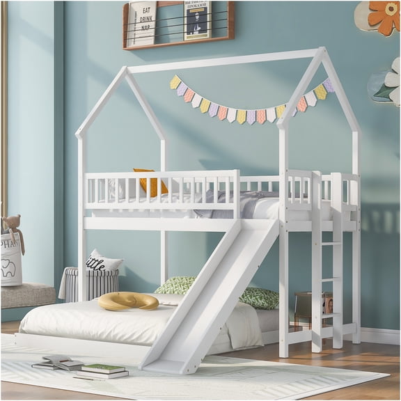 JERFIT Twin over Full Bunk Bed with Slide, Playhouse Design, Built-in Ladder & Safety Guardrail, Space-Saving Bedroom Furniture, White