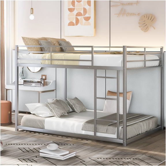 JERFIT Full over Full Metal Bunk Bed with Ladder, Low Profile Space Saving Design, Sturdy Steel Frame Structure, Silver Finish