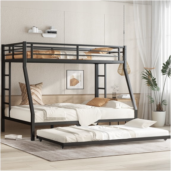 JERFIT Twin over Full Metal Bunk Bed with Trundle, Space Saving Triple Sleeper, Sturdy Steel Frame, Black