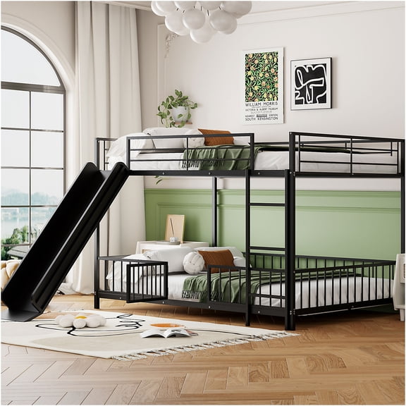 JERFIT Full over Full Metal Bunk Bed with Slide, Guardrails, Stairs & Loft Conversion, Black