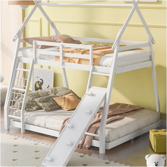 JERFIT Twin Over Queen House Bunk Bed with Climbing Ladder & Nets, Play Structure, White, Solid Wood & MDF Frame for Space Saving