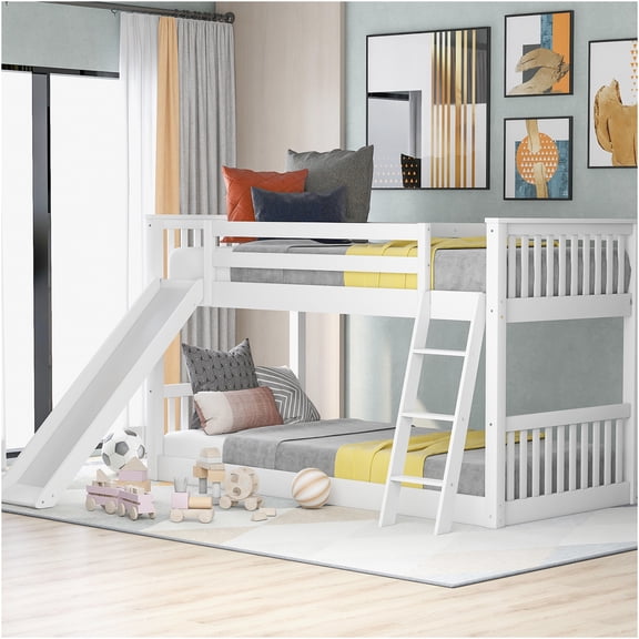 JERFIT Twin over Twin Bunk Bed with Slide, Ladder, Space Saving Design, for Small Room, White Wood Frame