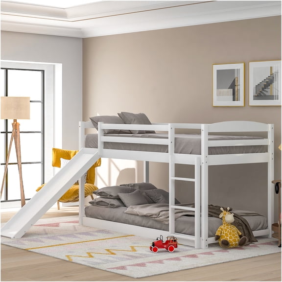 JERFIT Twin over Twin Bunk Bed with Slide & Ladder, Convertible Design, Space-Saving Wooden Bunk Bed Frame in White